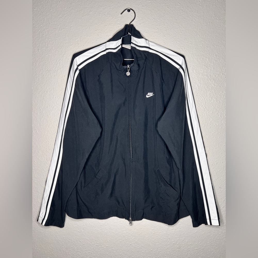 Nike Men's Black Windbreaker with White Stripes